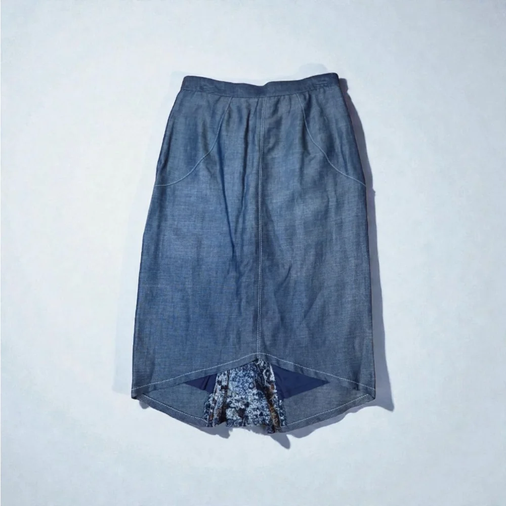 LAVANTINO Blue Denim Midi Skirt with White Stitching Size 12
